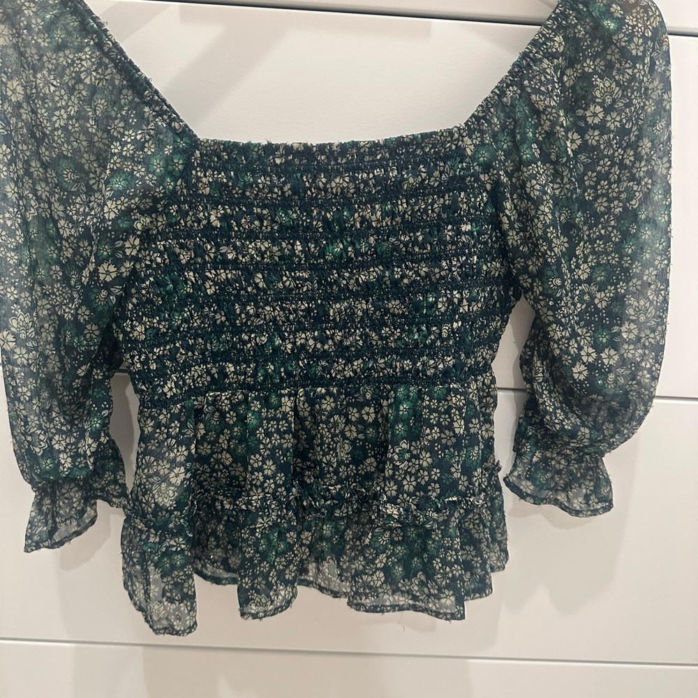 American Eagle Outfitters Dark Green Floral Smocked Peasant Blouse